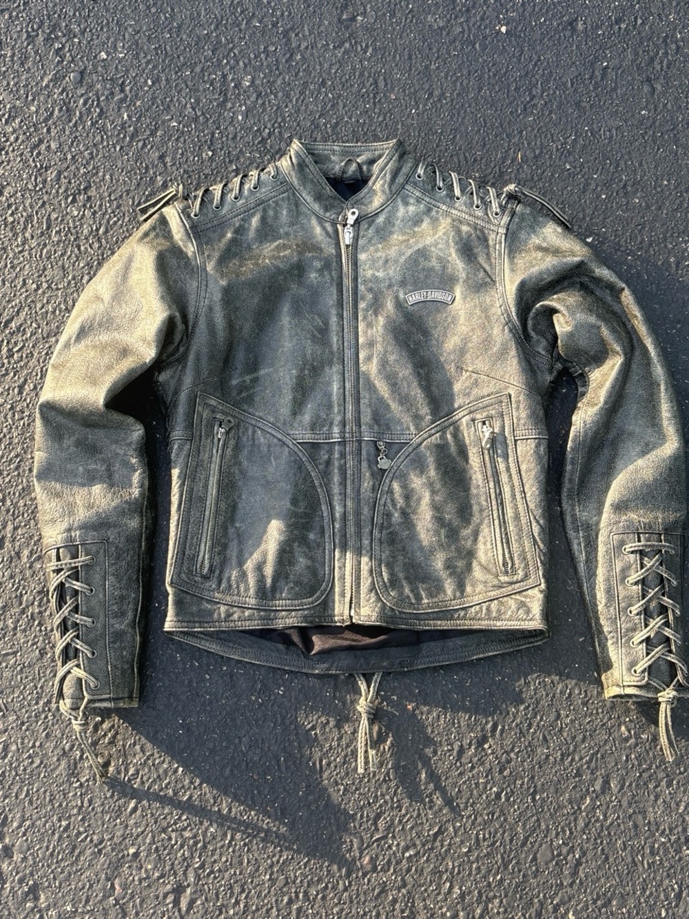 Harley-Davidson Black Leather Lace-Up Sleeve Motorcycle Jacket